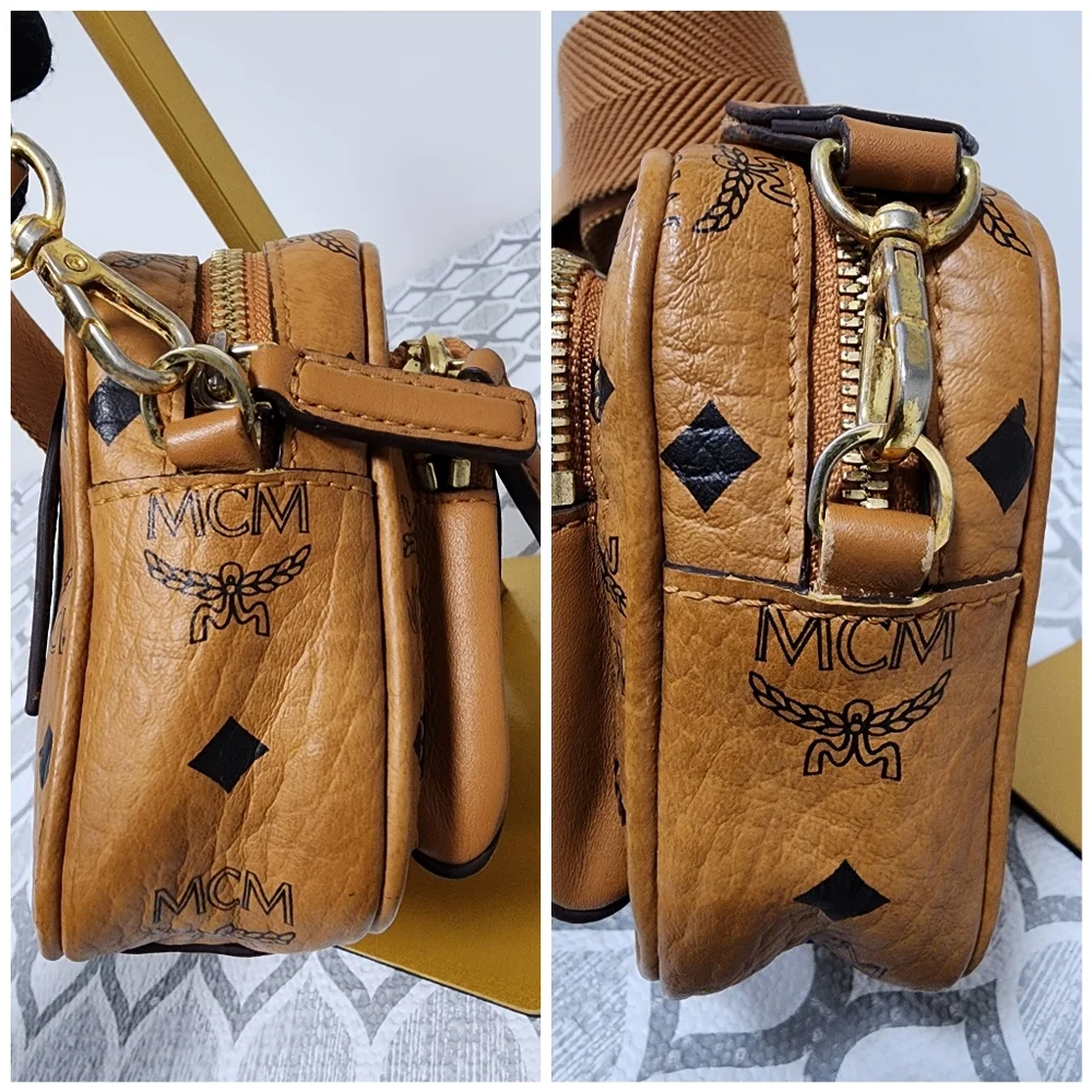 MCM Visetos Mini Leather Aren Crossbody Bag Brown